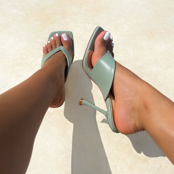 Lena Light Olive Green Toe Thong High Heel Mules | SIMMI London