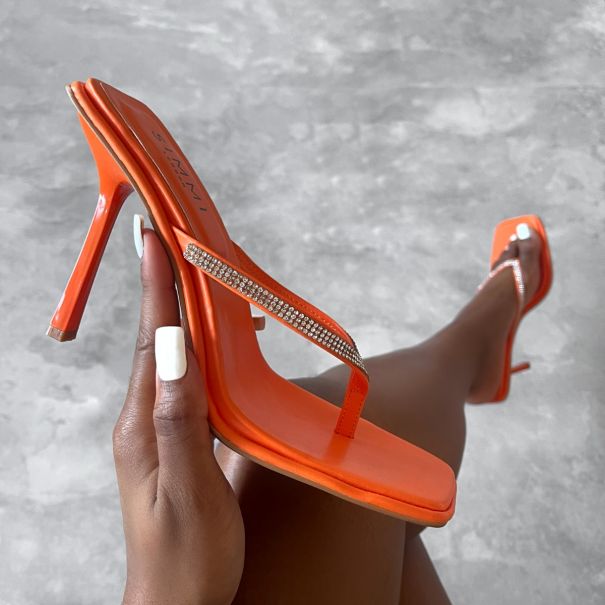 Leo Orange Diamante Toe Thong High Heel Mules | SIMMI London