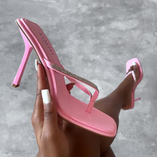 Leo Pink Diamante Toe Thong High Heel Mules | SIMMI London