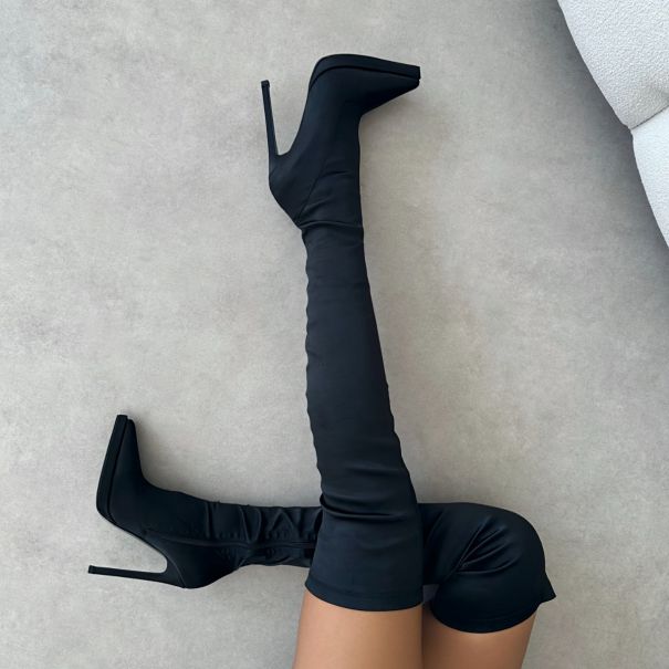 Lewie Black Stretch Satin Thigh High Stiletto Boots | SIMMI London