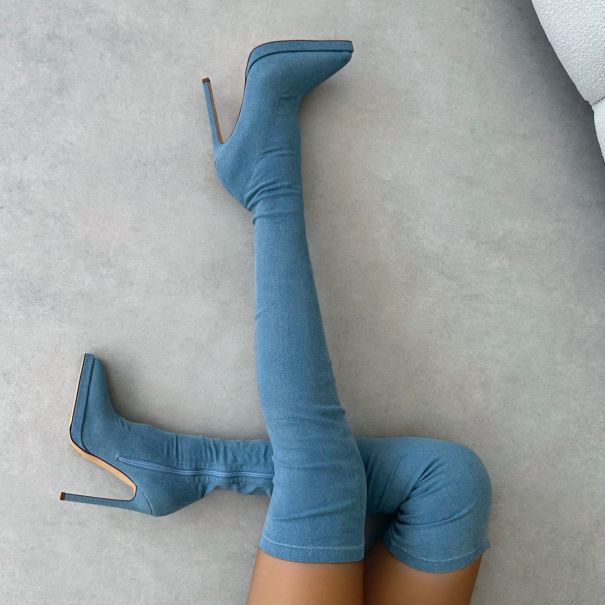 Lewie Blue Denim Stretch Pointed Toe Thigh High Stiletto Boots  | SIMMI London