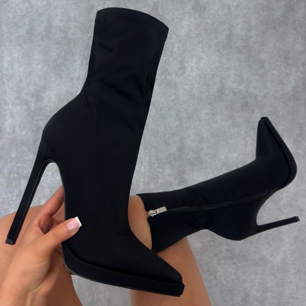 Lewin Black Lycra Pointed Stiletto Ankle Boots | SIMMI London