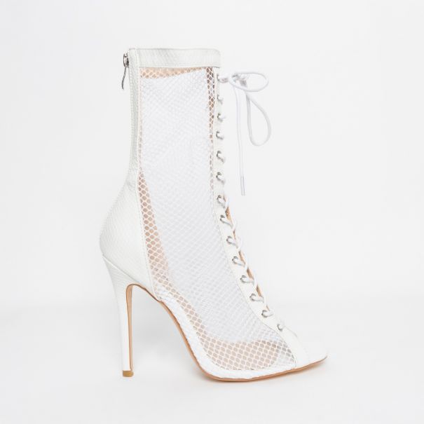 Lira White Snake Mesh Lace Up Ankle Boots