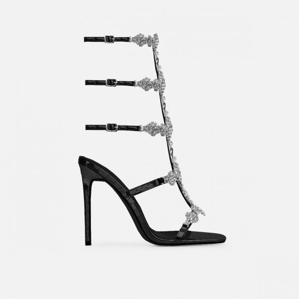 Lisabeau Black Patent Faux Croc Print Diamante Heels | SIMMI London