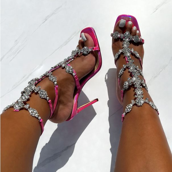 Lisabeau Pink Metallic Faux Croc Print Diamante Heels | SIMMI London