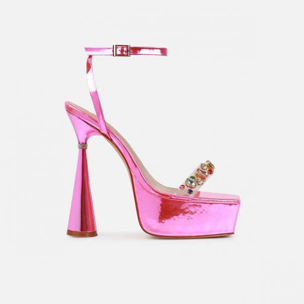 Lolia Pink Metallic Clear Gem Platform Diamante Flared Heels | SIMMI London