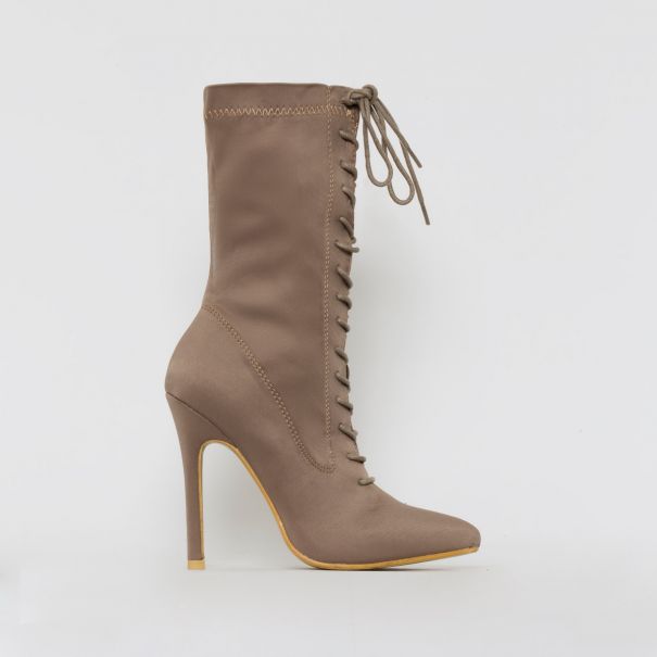 SIMMI SHOES / CELIA TAUPE LYCRA LACE UP POINTED ANKLE BOOTS