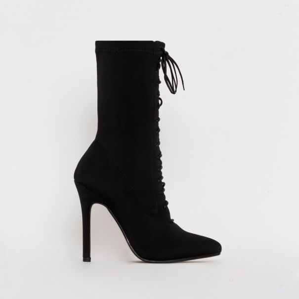 SIMMI SHOES / CELIA BLACK LYCRA LACE UP POINTED ANKLE BOOTS