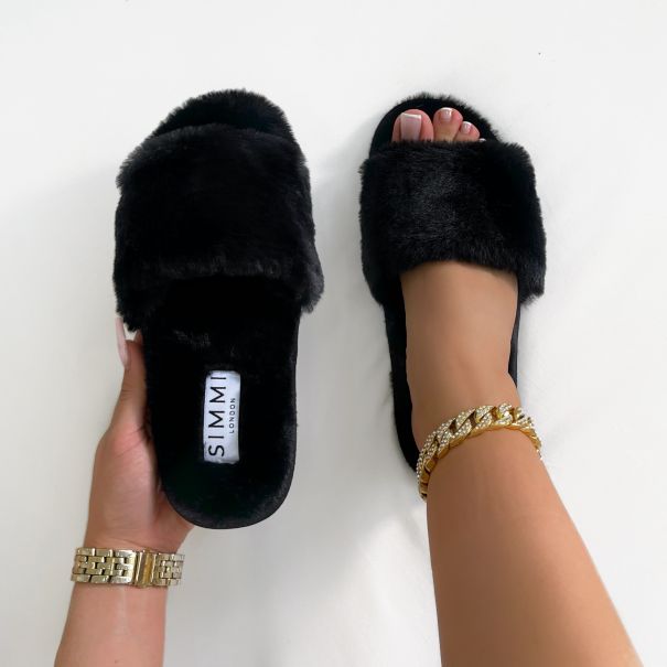 Maci Black Fluffy Faux Fur Slippers | SIMMI London