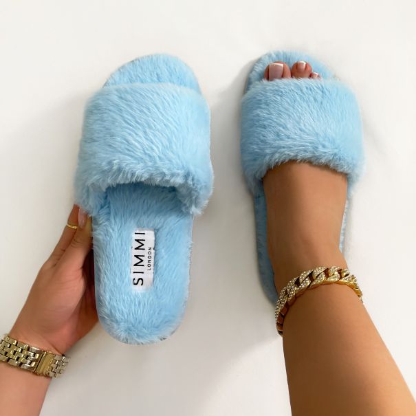 Maci Blue Fluffy Faux Fur Slippers | SIMMI London
