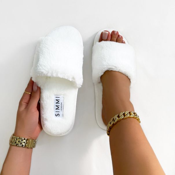 Maci White Fluffy Faux Fur Slippers | SIMMI London