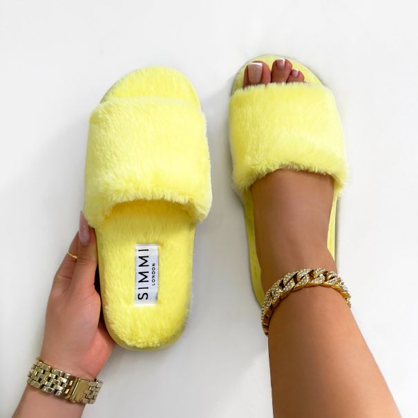 Maci Yellow Fluffy Faux Fur Slippers | SIMMI London