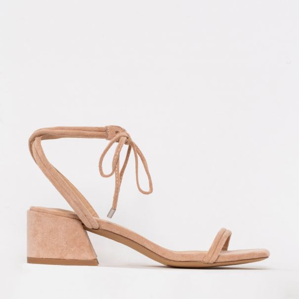 Maddy Nude Suede Lace Up Mid Block Heels