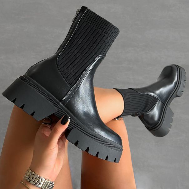 Malakai Black Knit Chunky Ankle Boots | SIMMI London