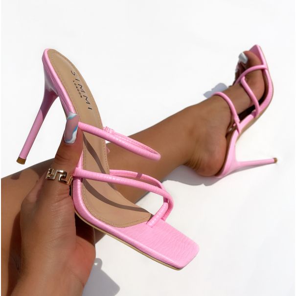 Mango Pink Textured Faux Leather Strappy Mules | SIMMI London