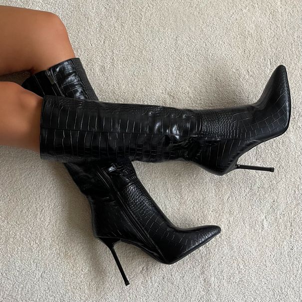 Mariam Black Faux Croc Print Pointed Toe Stiletto Knee High Boots | SIMMI London