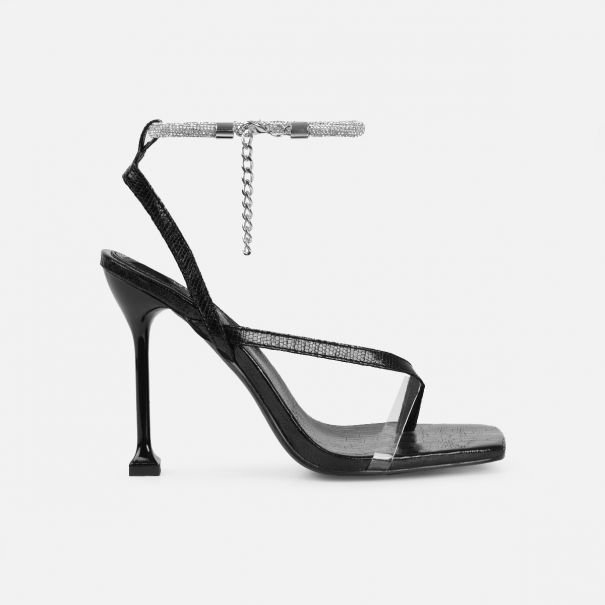 Esmaria Black Faux Lizard Print Clear Diamante Toe Thong Heels | SIMMI London