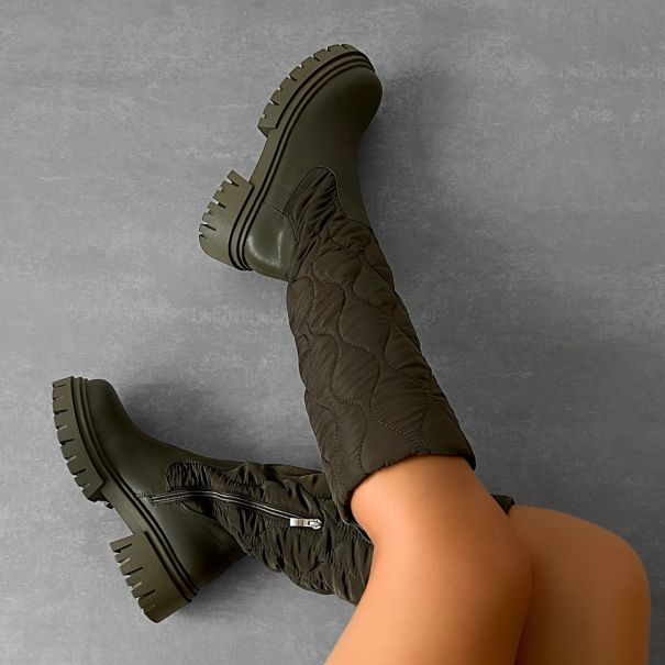 Tao Khaki Nylon Flat Chunky Knee High Boots | SIMMI London