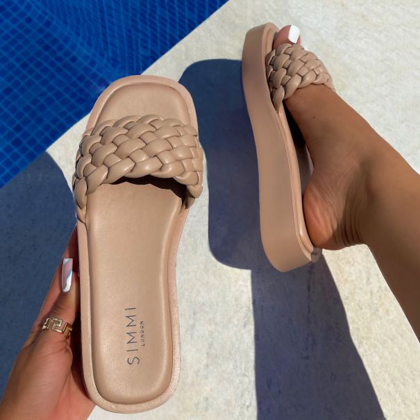 SIMMI Shoes / Marshmellow Nude Woven Flatform Slides