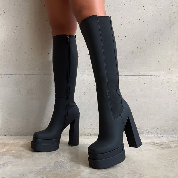 Tasha Ghouri Marcus Black Double Platform Knee High Boots | SIMMI London