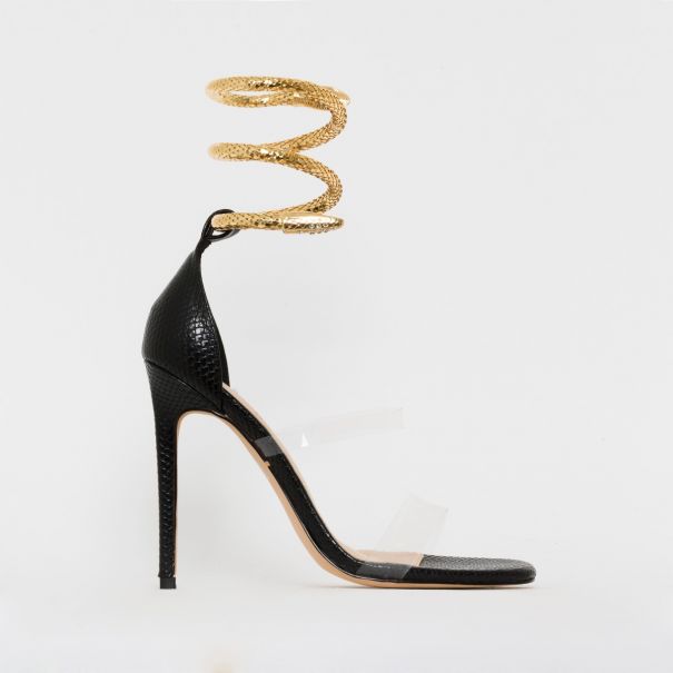 Medusa Black Snake Print Cuff Stiletto Heels | SIMMI London