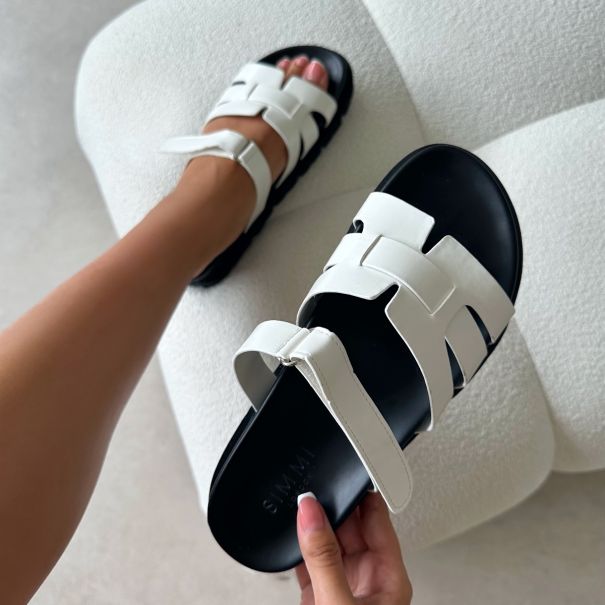 Adelle White Chunky Velcro Strap Flat Sandals | SIMMI London