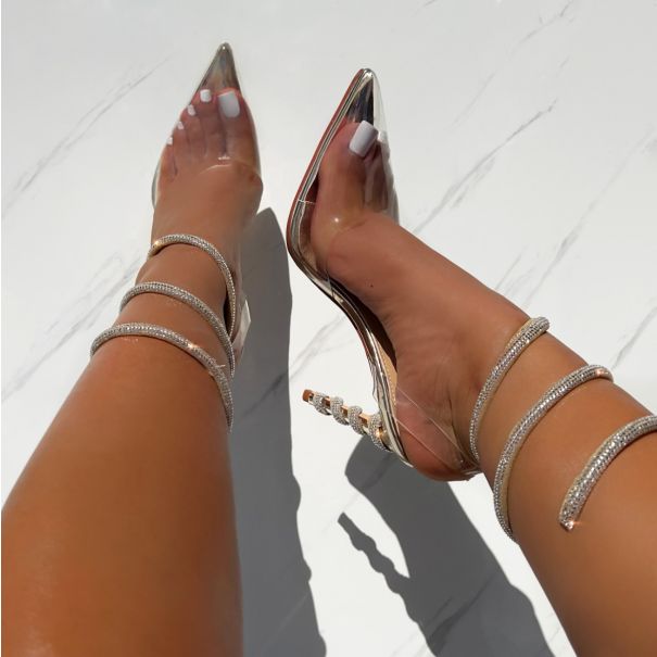 Millia Gold Clear Diamante Spiral Court Shoes | SIMMI London