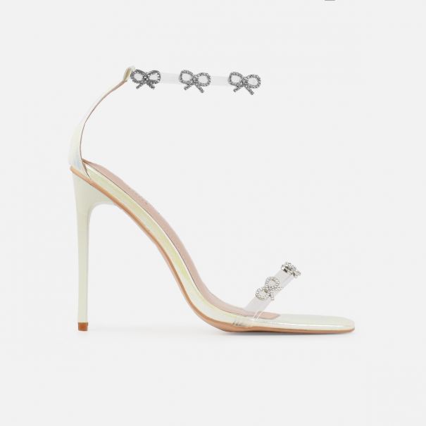 Bow white iridescent diamante bow trim heels | SIMMI Londonv
