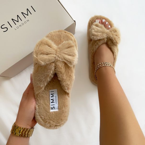 Mimmi Cream Fluffy Bow Slippers | SIMMI London