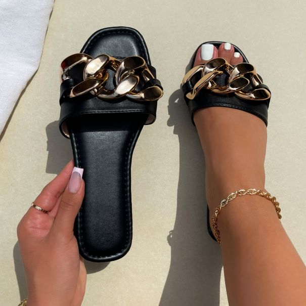 Ashlyn Black Chain Detail Flat Sandals | SIMMI London