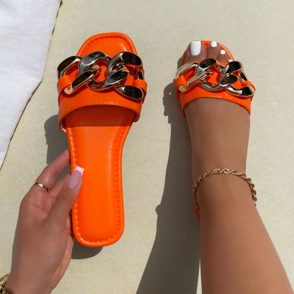 Ashlyn Orange Chain Detail Flat Sandals | SIMMI London