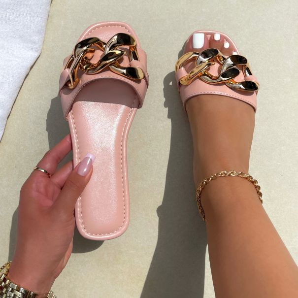 Ashlyn Pink Chain Detail Flat Sandals | SIMMI London