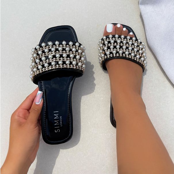 Mylah Black Patent Pearl Diamante Detail Flat Sandals | SIMMI London
