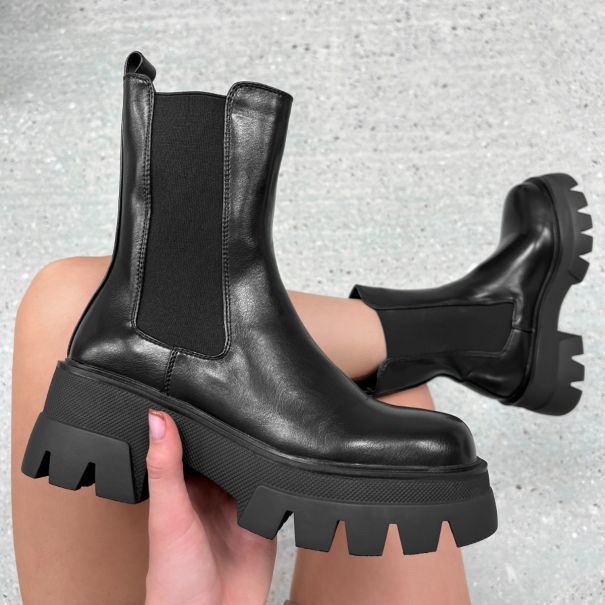 Reece Black Stretch Insert Chunky Ankle Boots | SIMMI London