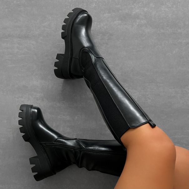 Zander Black Chunky Knee High Boots | SIMMI London