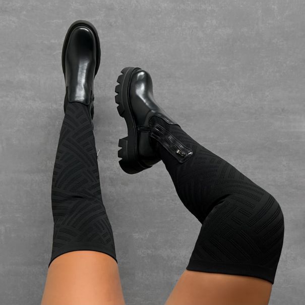Zephyr Black Knit Chunky Thigh High Boots | SIMMI London