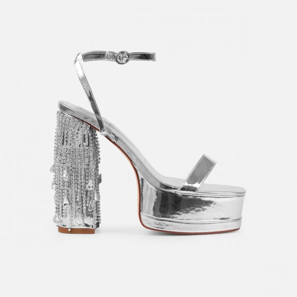 Nadetta Silver Platform Diamante Block Heels | SIMMI London