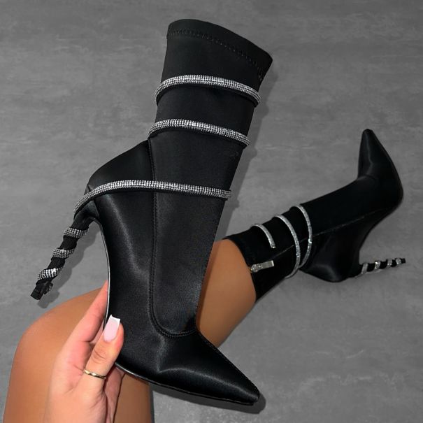 Serpent Black Satin Diamante Wrap Ankle Boots | SIMMI London