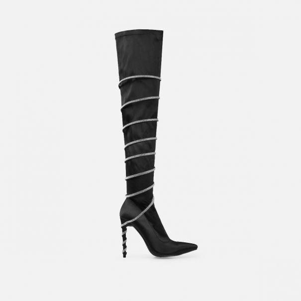Snakeii Black Satin Diamante Wrap Thigh High Boots | SIMMI London