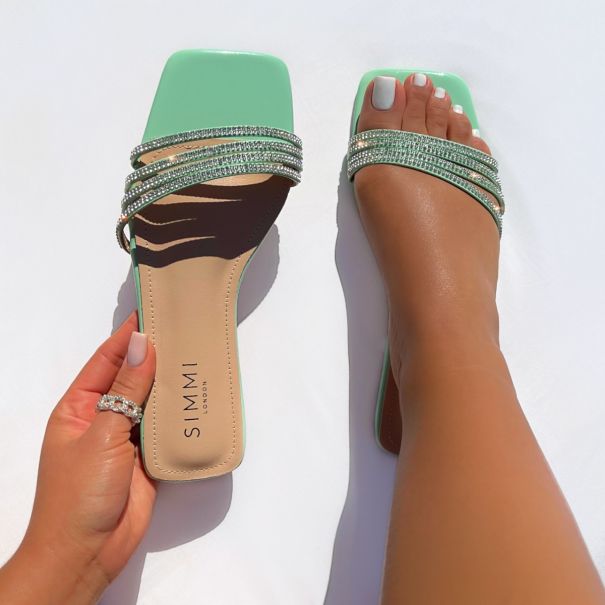 Navi Mint Green Diamante Strappy Flat Sandals | SIMMI London