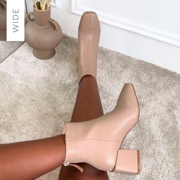 Nemesis Wide Fit Nude Block Heel Ankle Boots | SIMMI London