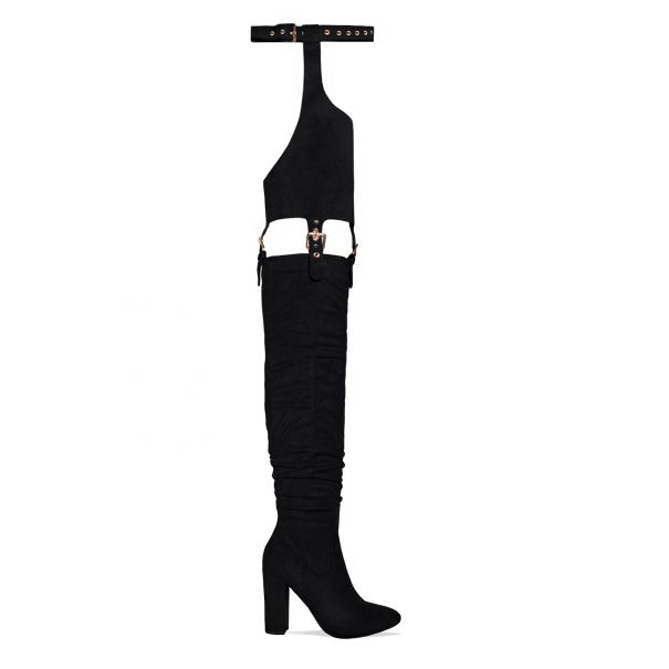 SIMMI SHOES / NICKI BLACK SUEDE BELT THIGH HIGH BOOTS