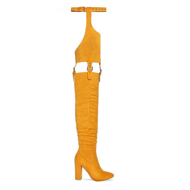 Nicki Mustard Suede Belt Thigh High Boots