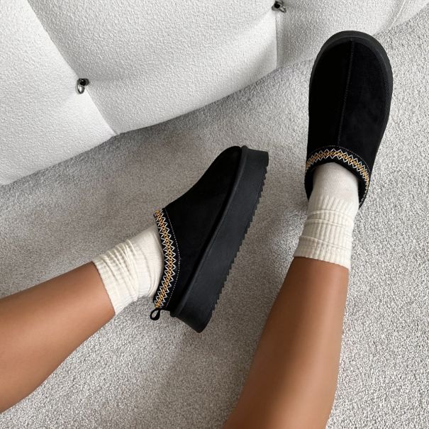 Noraia Black Flatform Slippers | SIMMI LONDON