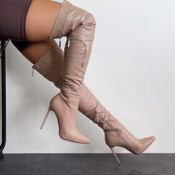Aleena Nude Featured Zip Detail Stiletto Thigh High Boots | SIMMI London
