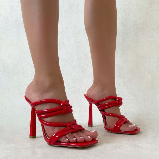 Ocean Red Patent Knot Padded Strap Square Toe Mules | SIMMI London