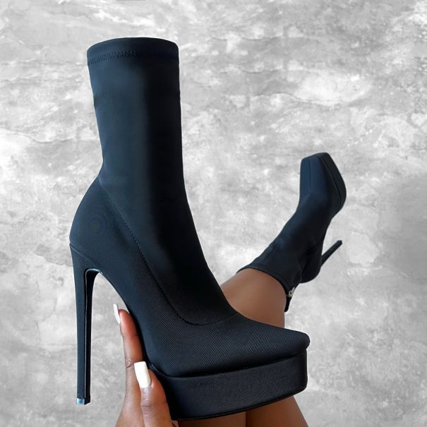 Octavia Black Textured Platform Stiletto Ankle Boots | SIMMI London