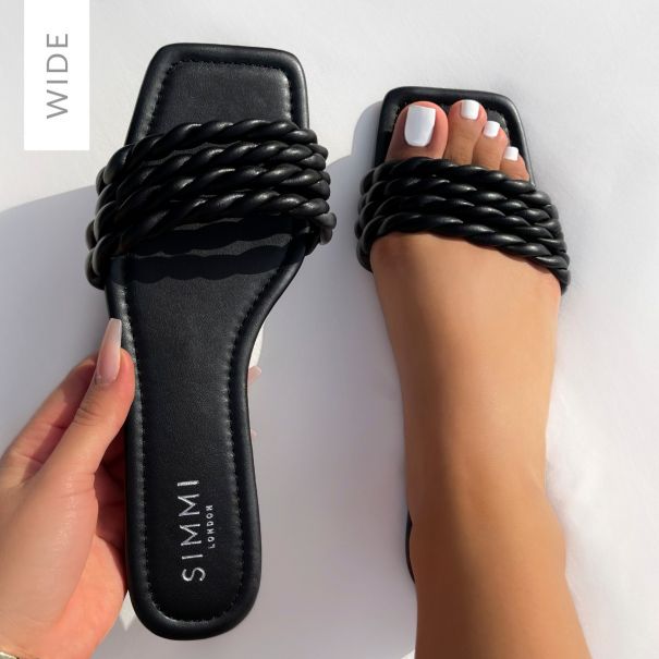 Odessa Wide Fit Black Twist Strap Flat Sandals | SIMMI London