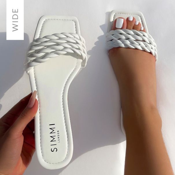 Odessa Wide Fit White Twist Strap Flat Sandals | SIMMI London