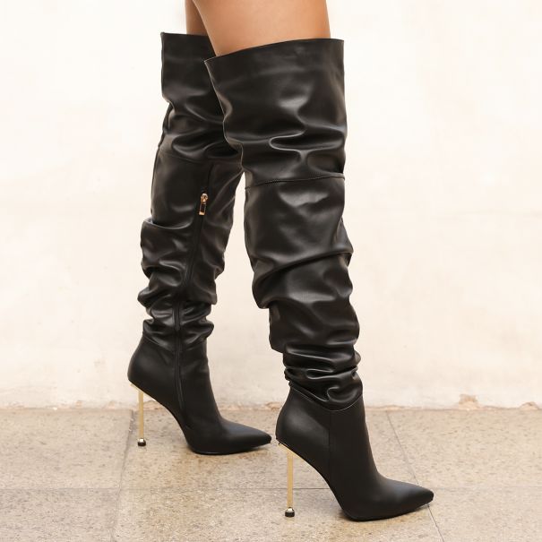 Oleen Black Ruched Stiletto Thigh High Boots | SIMMI London